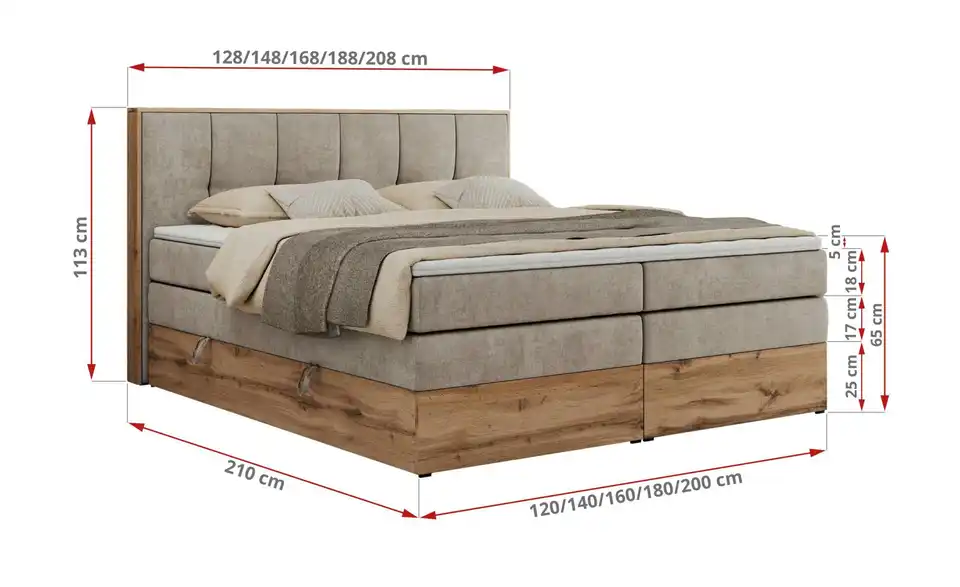 Boxspringbett Albero 1 King mit Bettkasten, Bemaßung