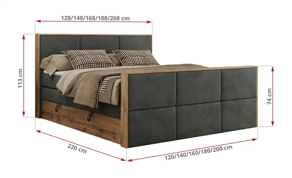 Boxspringbett Albero 2 King Duo mit Bettkasten, Bemaßung