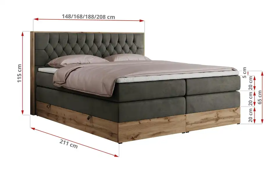 Boxspringbett Amore King mit Bettkasten, Bemaßung