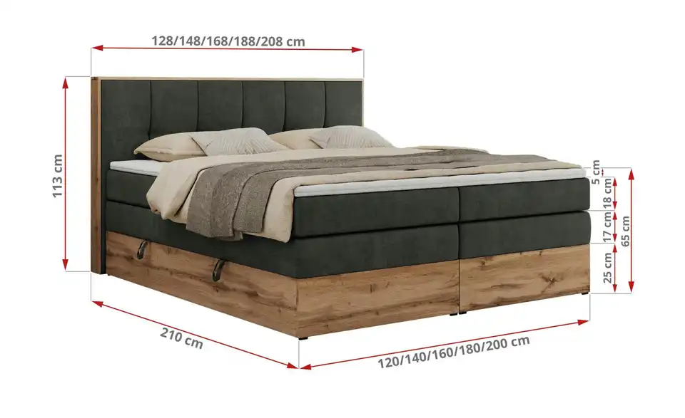 Boxspringbett Albero 1 King mit Bettkasten, Bemaßung