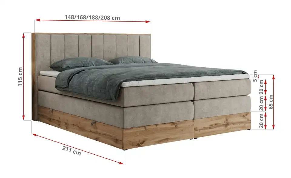 Boxspringbett Bellissimo King mit Bettkasten, Bemaßung