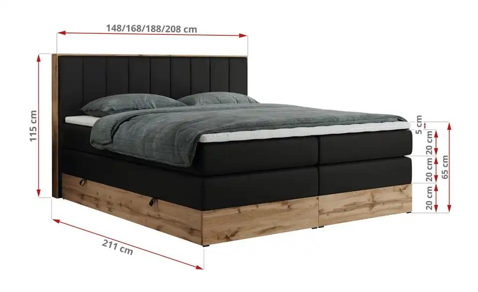 Boxspringbett Bellissimo King mit Bettkasten, Bemaßung