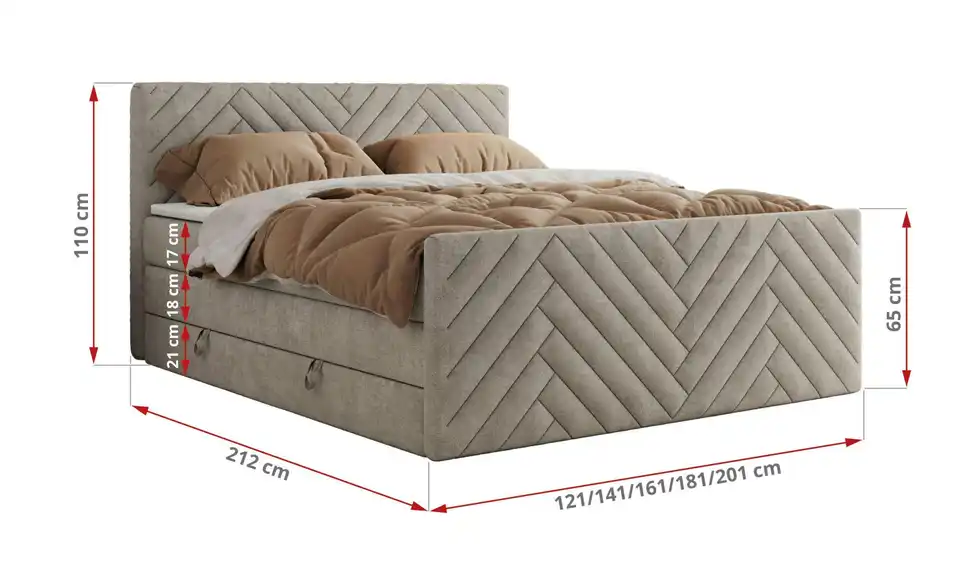 Boxspringbett Paris King Duo mit Bettkasten, Bemaßung