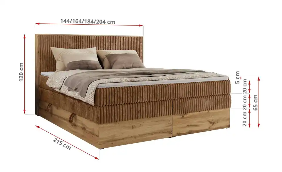 Boxspringbett Wood Classic King mit Bettkasten, Bemaßung