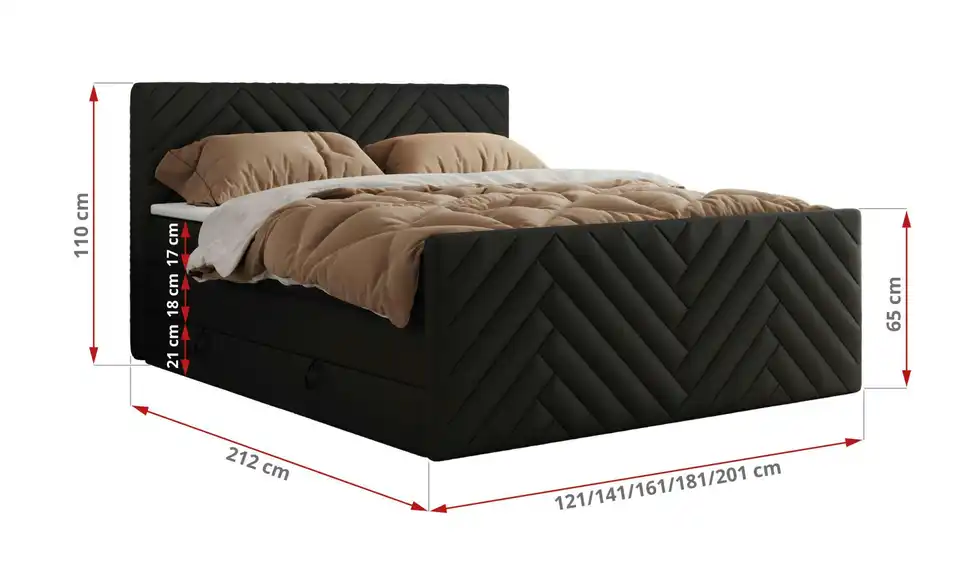 Boxspringbett Paris King Duo mit Bettkasten, Bemaßung