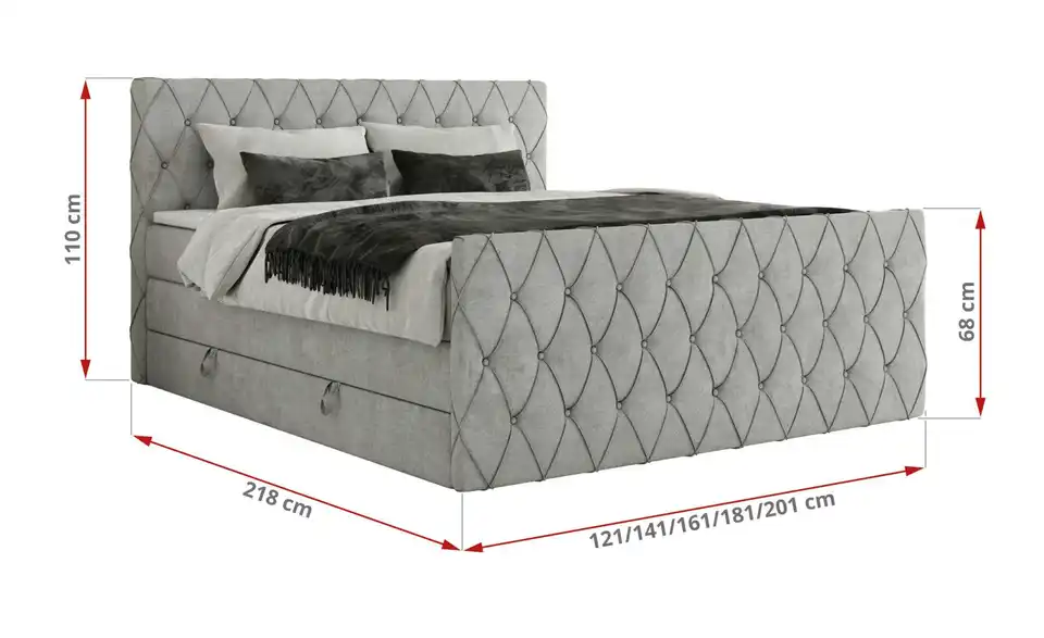 Boxspringbett Miren King Duo mit Bettkasten, Bemaßung