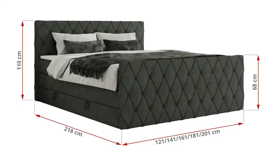Boxspringbett Miren King Duo mit Bettkasten, Bemaßung
