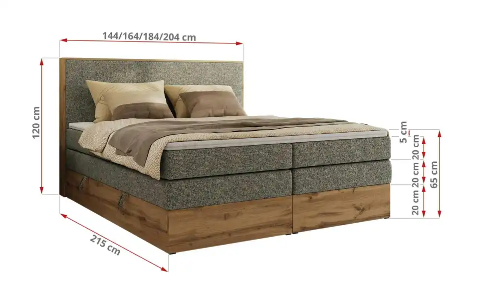 Boxspringbett Wood Classic King mit Bettkasten, Bemaßung