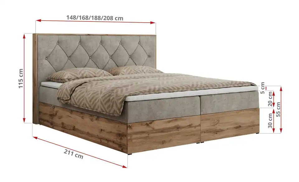 Boxbett Veneto mit Bettkasten, Bemaßung