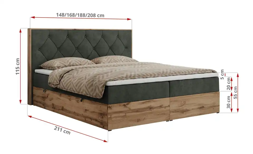 Boxbett Veneto mit Bettkasten, Bemaßung