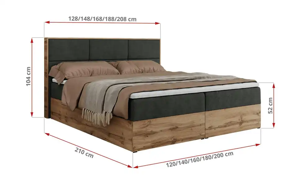 Boxbett Albero 2 mit Bettkasten, Bemaßung