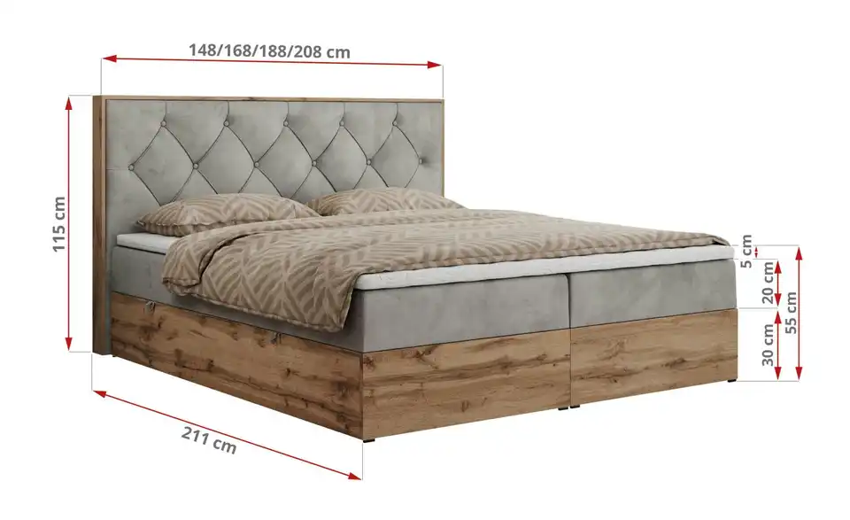 Boxbett Veneto mit Bettkasten, Bemaßung