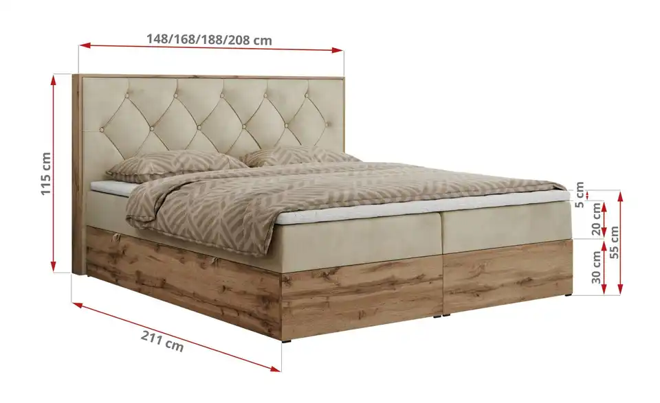 Boxbett Veneto mit Bettkasten, Bemaßung