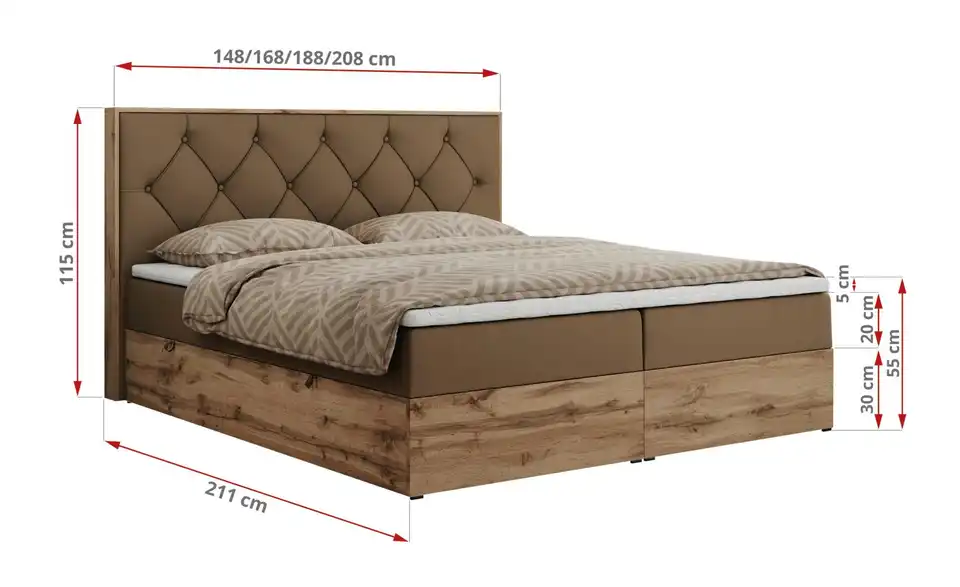 Boxbett Veneto mit Bettkasten, Bemaßung