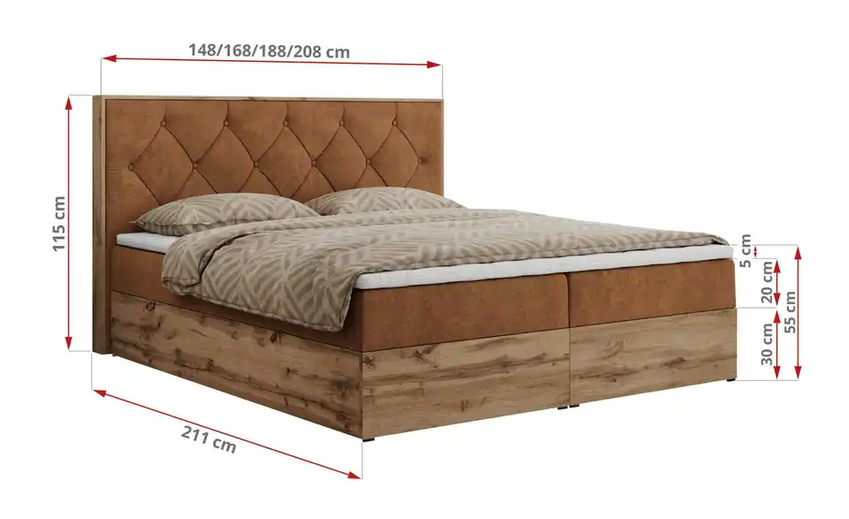 Boxbett Veneto mit Bettkasten, Bemaßung