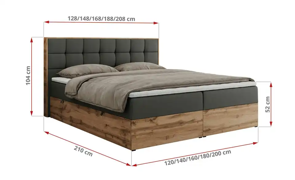 Boxbett Albero 1 mit Bettkasten, Bemaßung