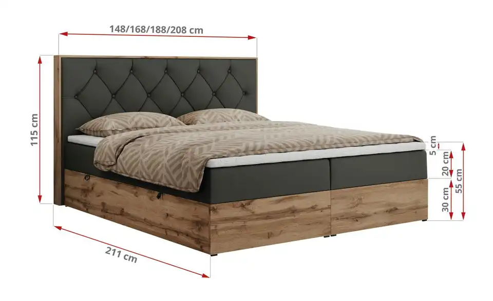 Boxbett Veneto mit Bettkasten, Bemaßung