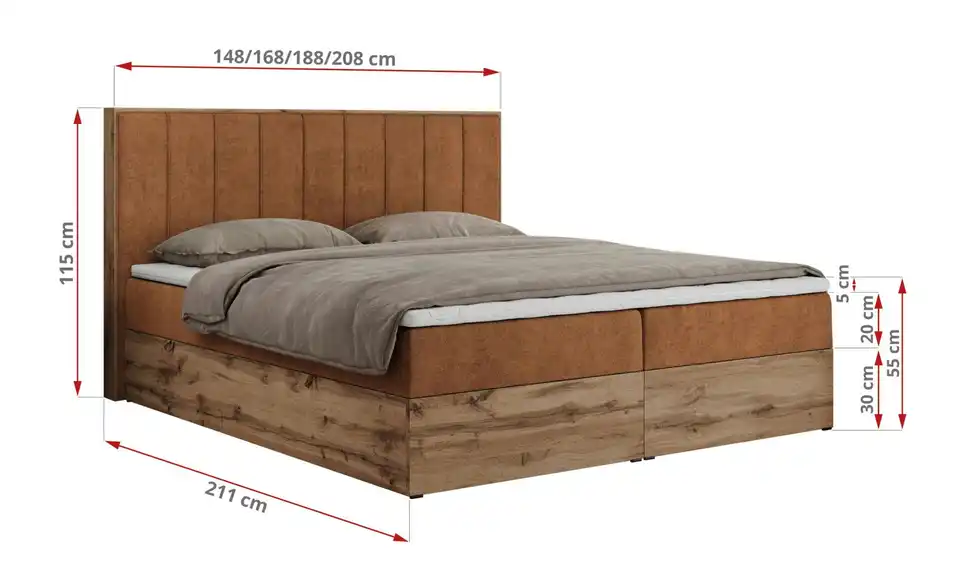 Boxbett Bellissimo mit Bettkasten, Bemaßung