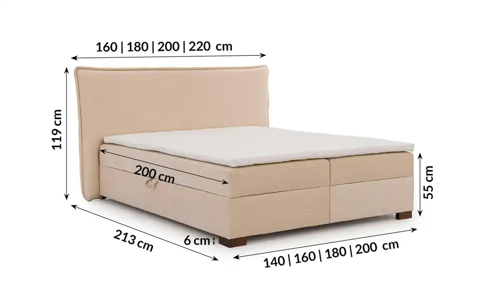 Boxspringbett, Bemaßung