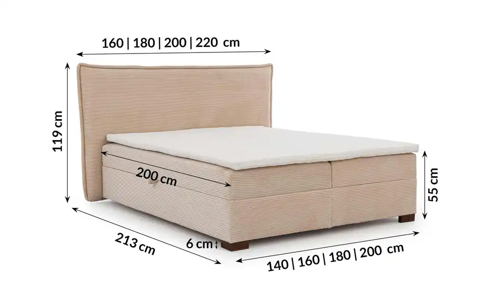 Boxbett Lovetti mit Bettkasten, Cord, H3, Bemaßung