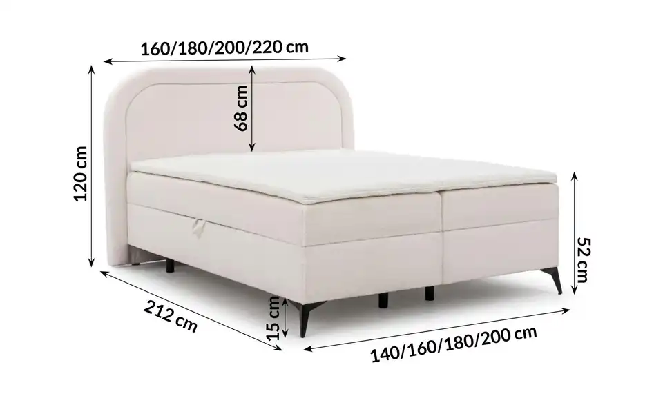 Boxbett Sonna mit Bettkasten, Bouclé-Stoff, Bemaßung
