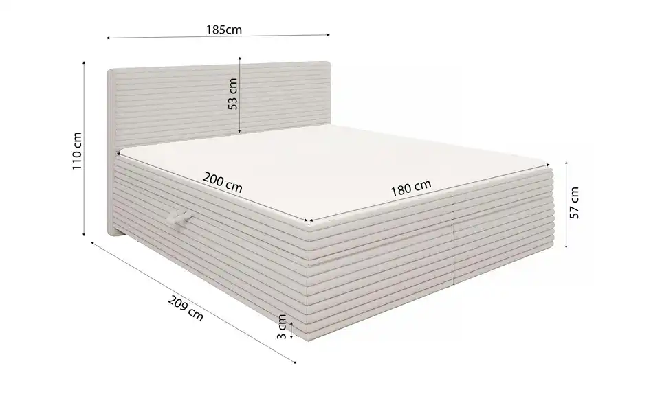 Boxbett Neo Cord, mit Stauraum und Topper, H3, Bemaßung