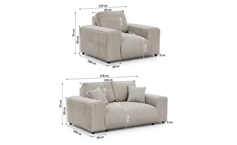 Polstergarnitur 2er-Set, Bemaßung