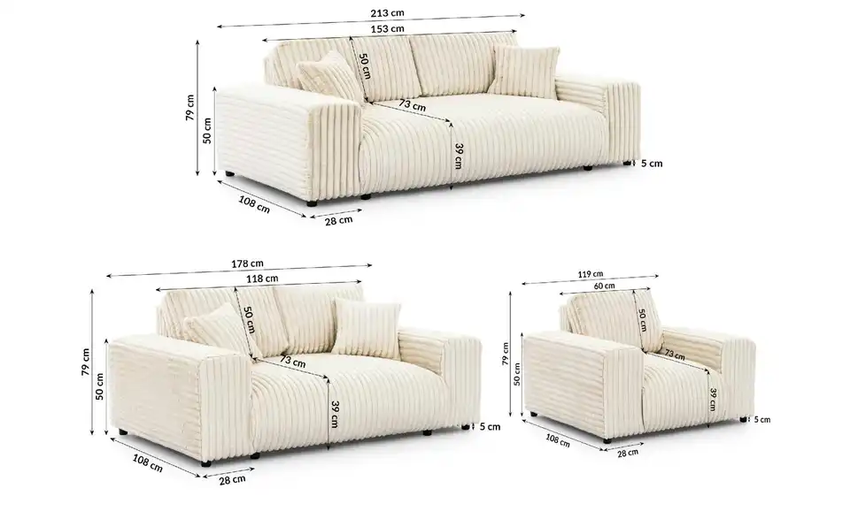 Polstergarnitur 3er-Set, Bemaßung