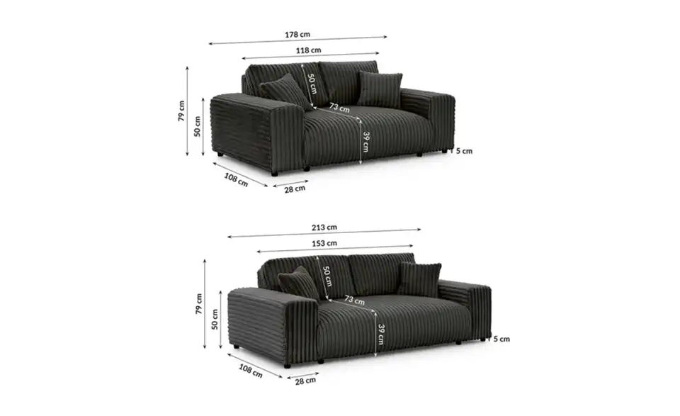 Polstergarnitur 2er-Set, Bemaßung