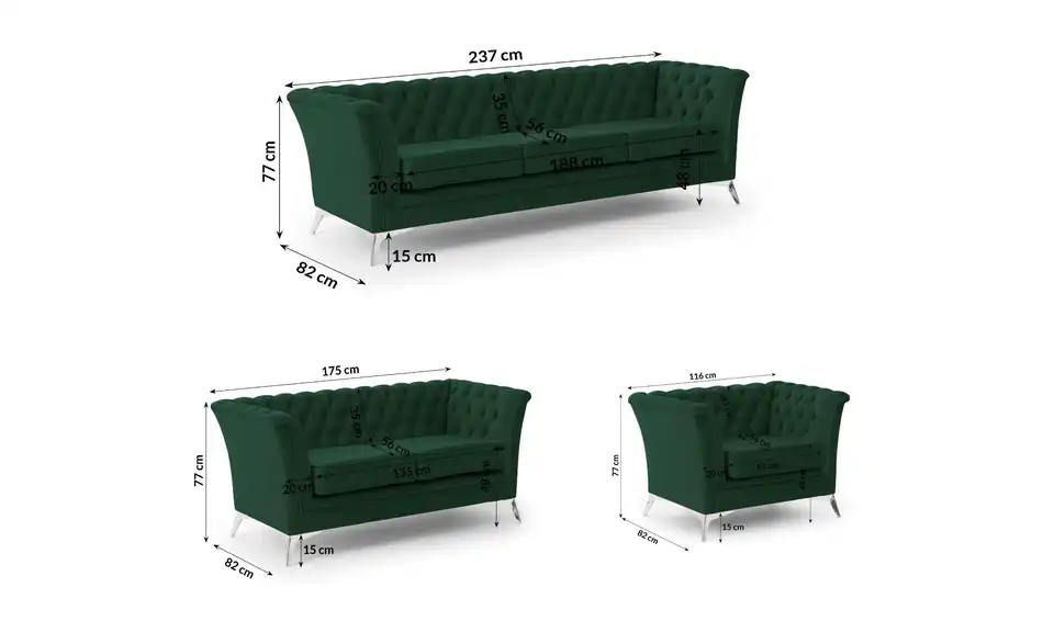 Chesterfield Polstergarnitur 3+2+1, Bemaßung