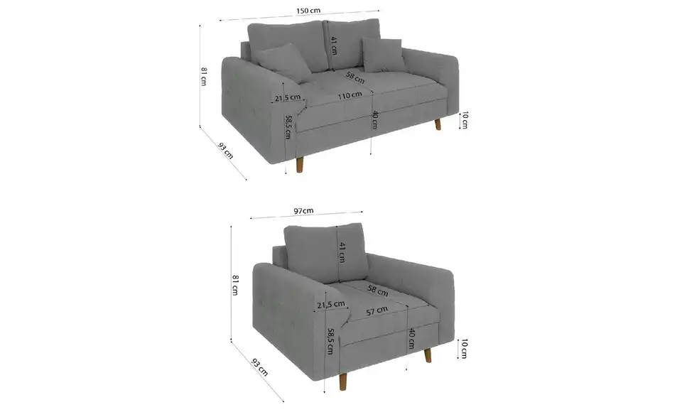 Polstergarnitur 2+1, Bemaßung