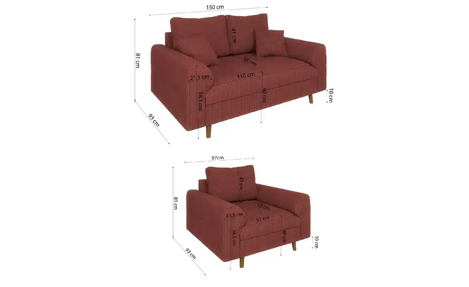 Polstergarnitur 2+1, Bemaßung