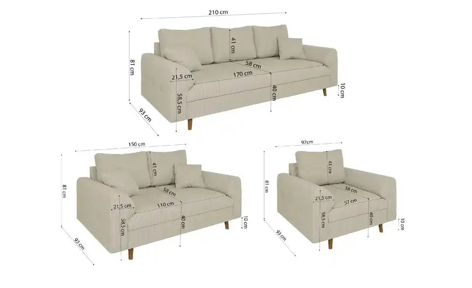 Polstergarnitur 3+2+1, Bemaßung