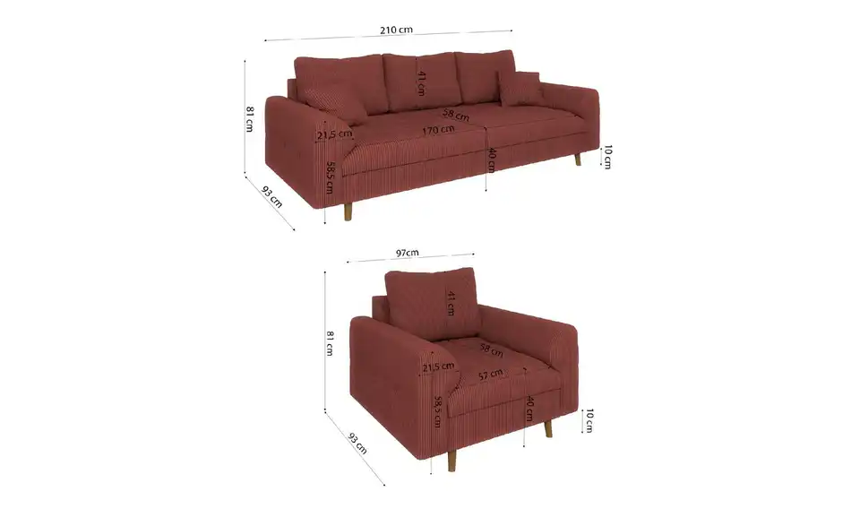 Polstergarnitur 3+1, Bemaßung