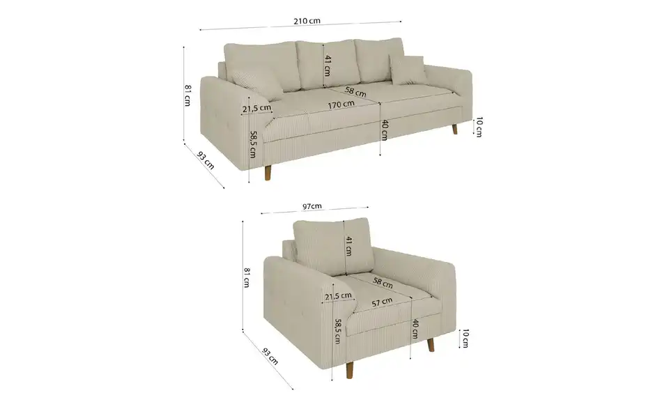 Polstergarnitur 3+1, Bemaßung