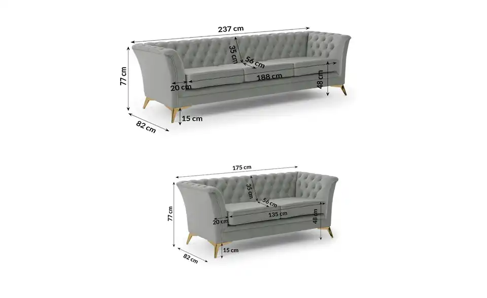 Polstergarnitur 3+2, Bemaßung