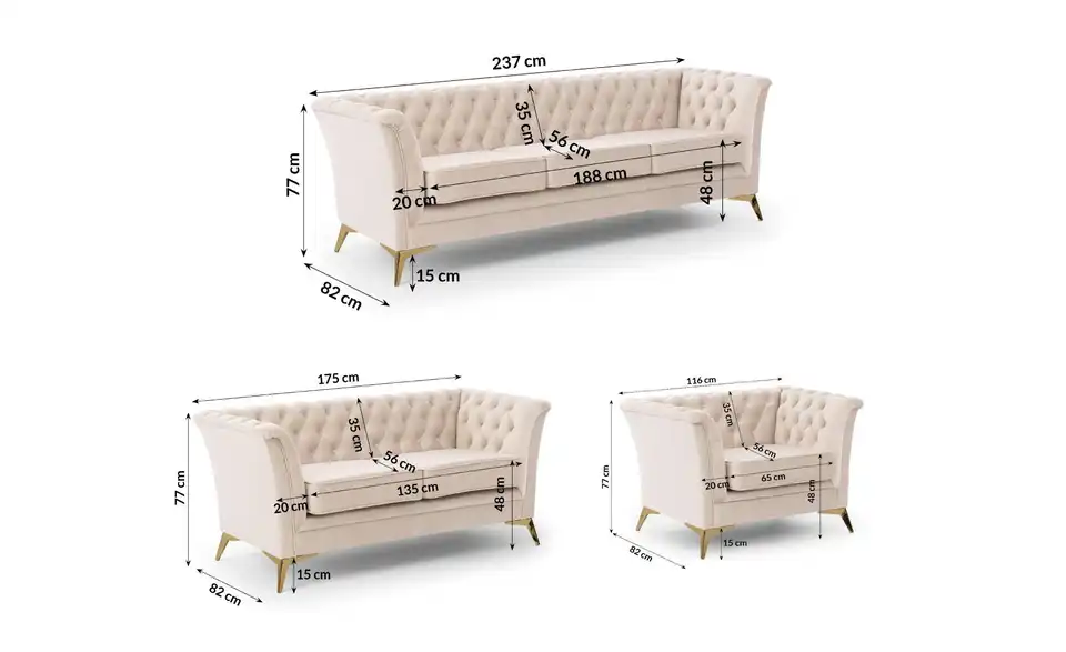Chesterfield Polstergarnitur 3+2+1, Bemaßung