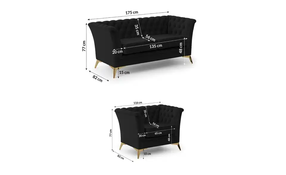 Polstergarnitur 2+1, Bemaßung