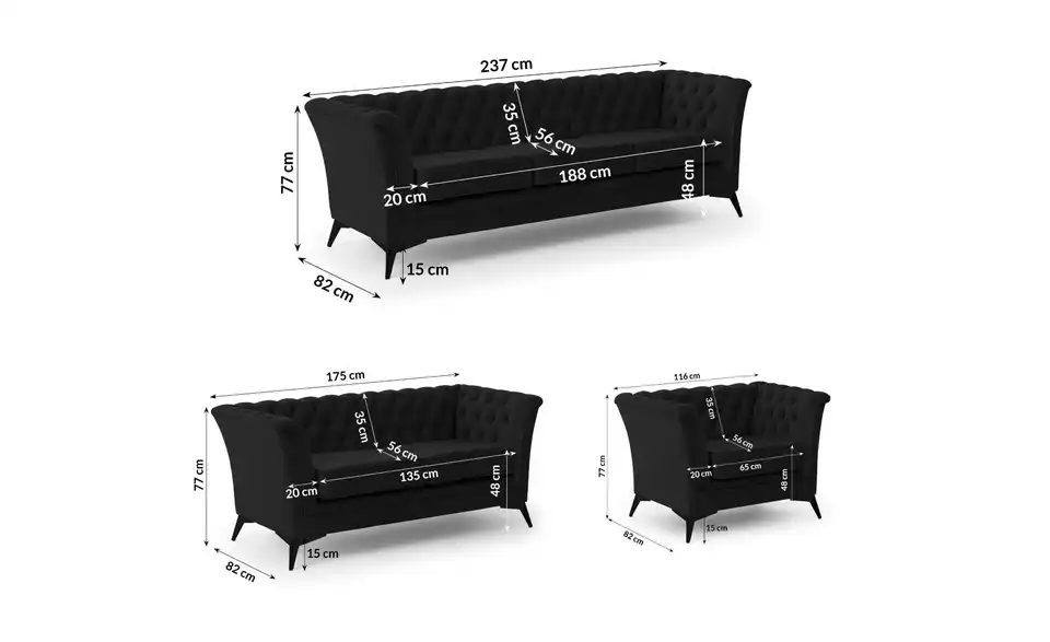 Chesterfield Polstergarnitur 3+2+1, Bemaßung