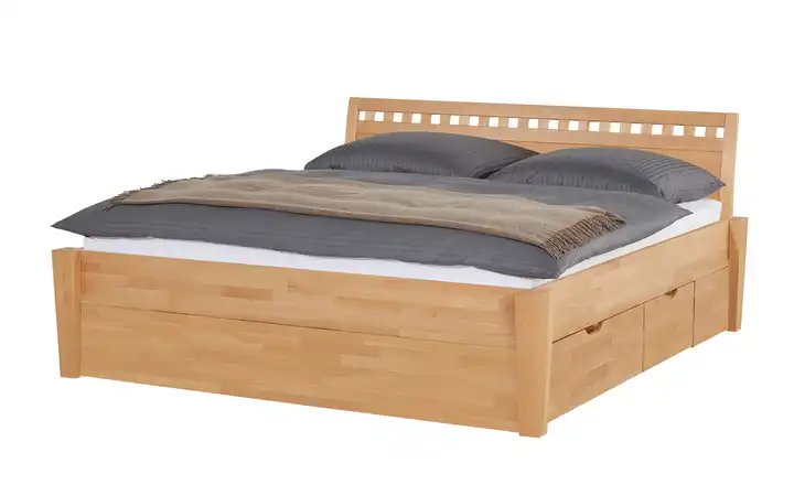 Timber Massivholz-Bettgestell mit Bettkasten Timber Buche 140 cm Kopfteil: Ziersprossen klein eckig 4 Bettschubkästen