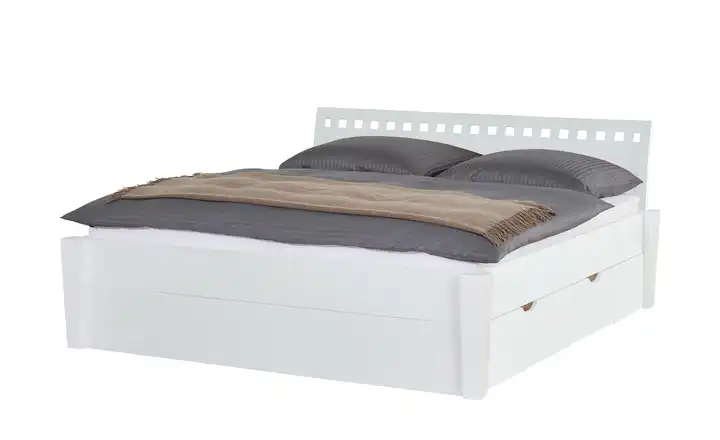 Timber Massivholz-Bettgestell mit Bettkasten Timber Weiß, Buche 140 cm Kopfteil: Ziersprossen klein eckig 4 Bettschubkästen