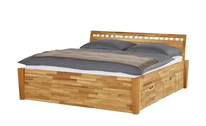 Timber Massivholz-Bettgestell mit Bettkasten Timber Wildeiche, Eiche 140 cm Kopfteil: Ziersprossen klein eckig 4 Bettschubkästen