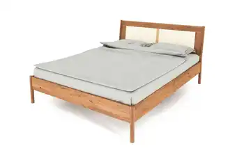 Massivholzbett mit gepolstertem Kopfteil Greta Wildeiche, Beige 200 cm 140 cm