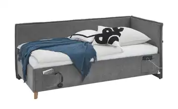 Polsterbett mit trendiger Kederumrahmung Fun 90 cm Mit Lattenrahmen & Bettkasten Grau Mit Rückenteil