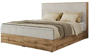 Boxbett mit Bettkasten Wood Classic 180x200 cm H4 Cordstoff Beige, Eiche Artisan (Nachbildung)
